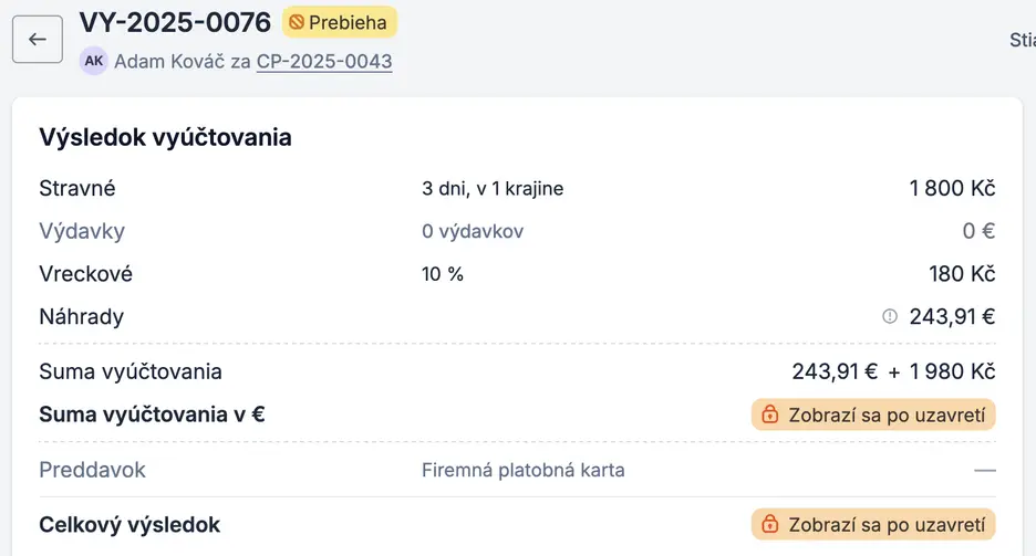 Výsledok vyúčtovania cestovného príkazu