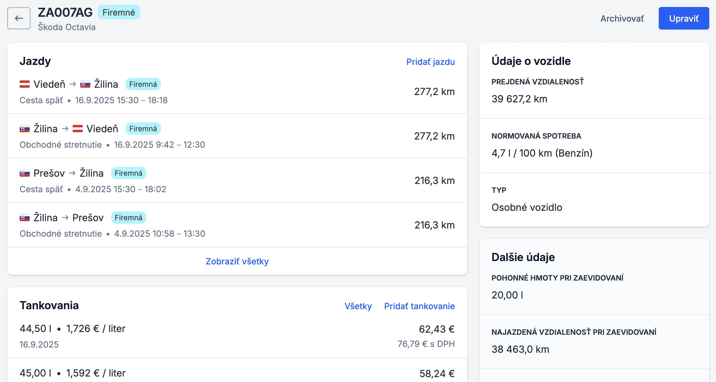 Prehľad vozidla, jázd a tankovaní
